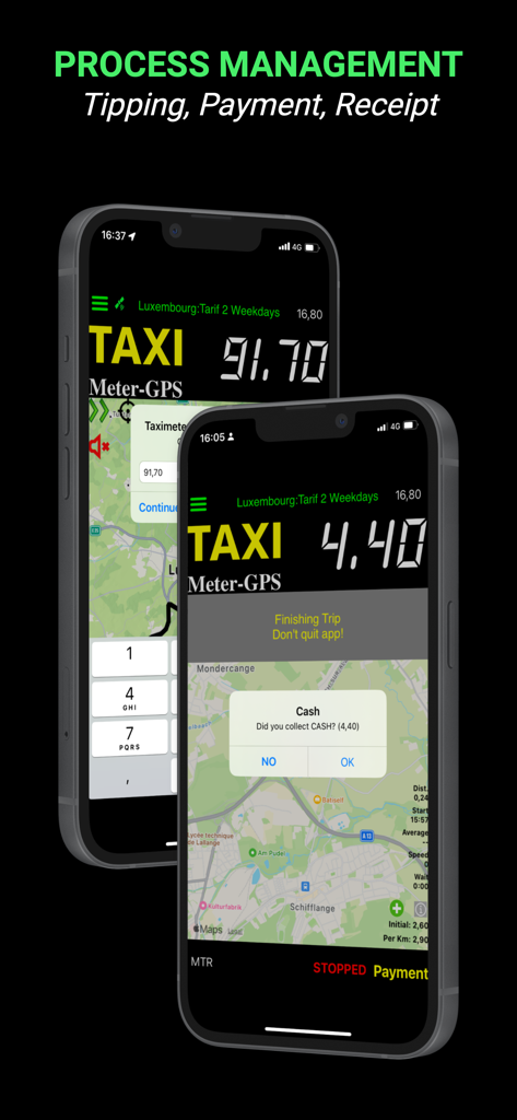 Taximeter-GPS - Dois ecrãs de iPhone mostrando a interface da aplicação Taximeter-GPS para gerir gorjetas, pagamentos e recibos