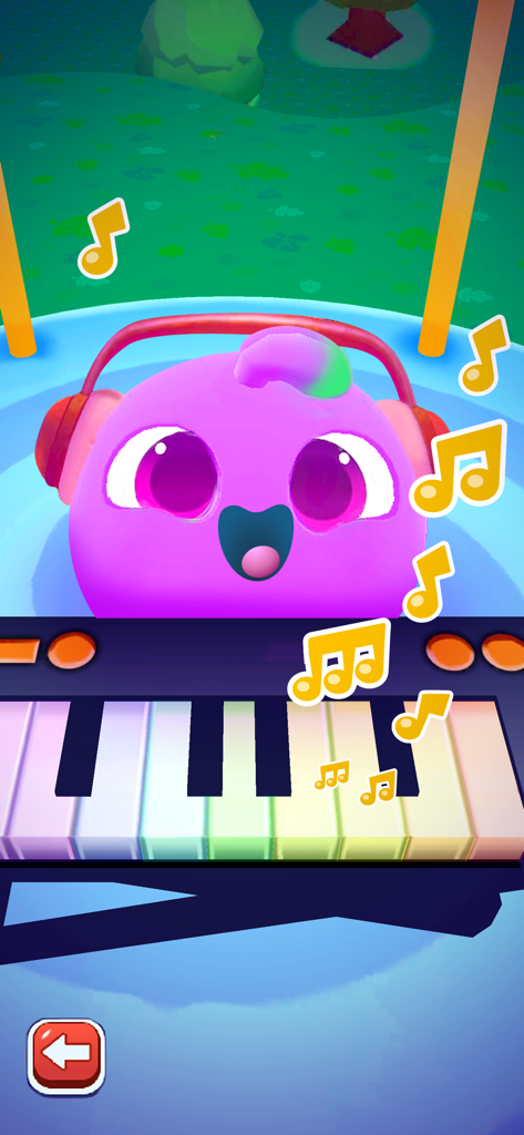 My Boo 2: 3D Fluffy Pets Game - Una mascota 3D peluda morada con auriculares rojos tocando un teclado de piano arcoíris colorido.
