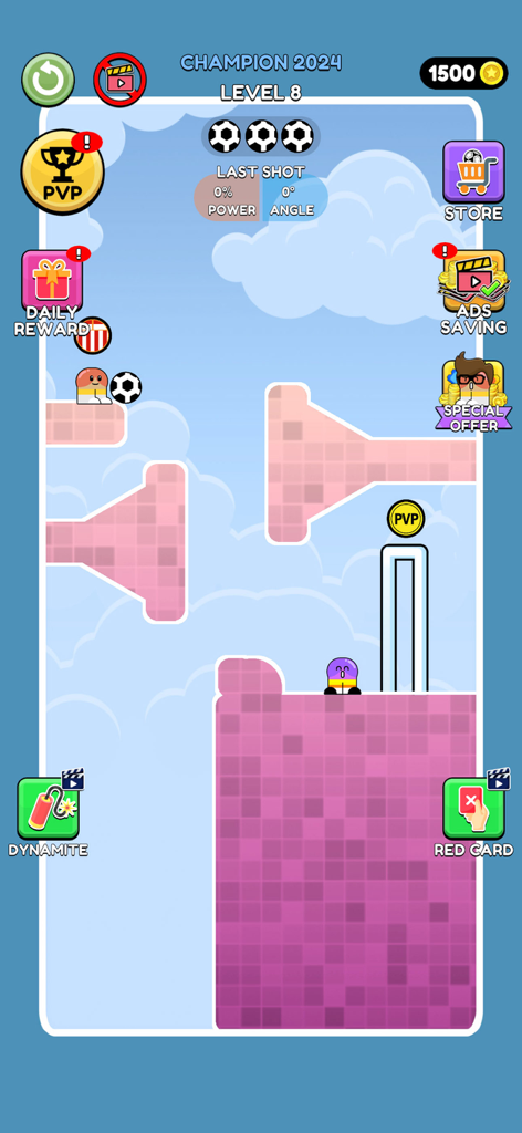 Gameplay de Soccer Game Score a Goal mostrando um nível de quebra-cabeça de física com plataformas e uma bola de futebol
