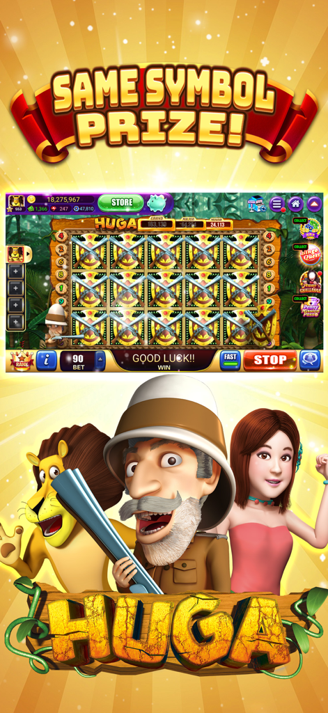 PENNY ARCADE SLOTS - Jogabilidade do Penny Arcade Slots apresentando a máquina de slots HUGA com tema de safári, um banner de prêmio de símbolos iguais e personagens de desenho animado.