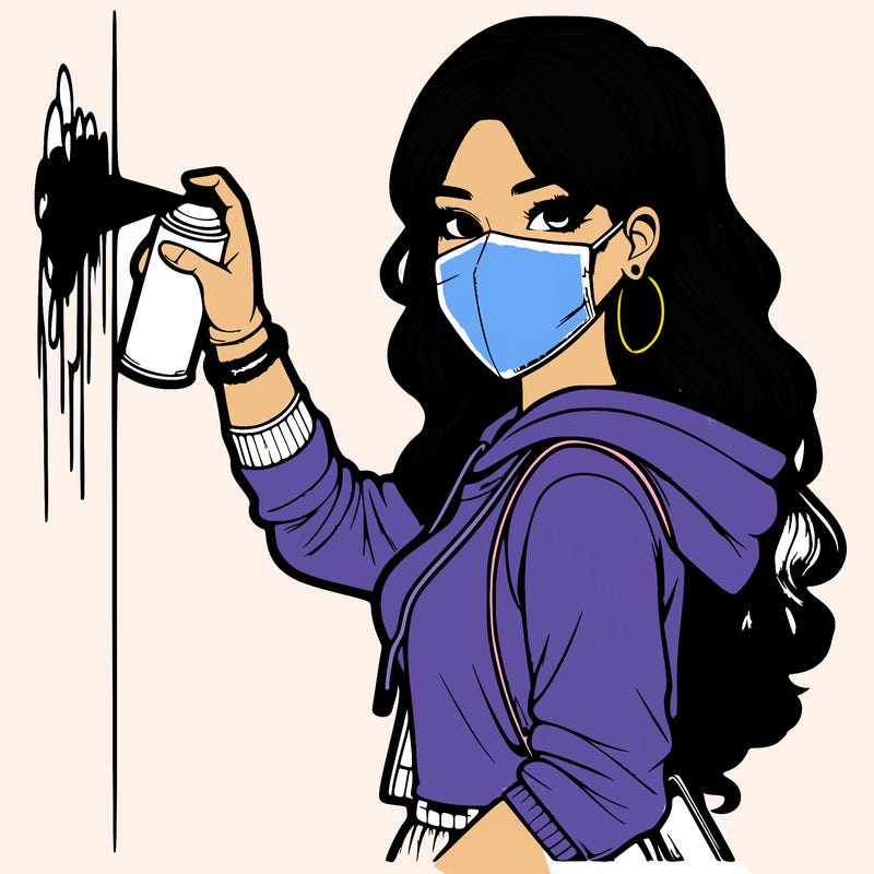 realistic girl with mask spray painting a wall