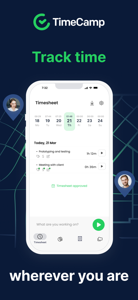 TimeCamp Time Tracker - Interfaz de la aplicación TimeCamp mostrando tareas de hoja de tiempo diaria y funciones de seguimiento de ubicación
