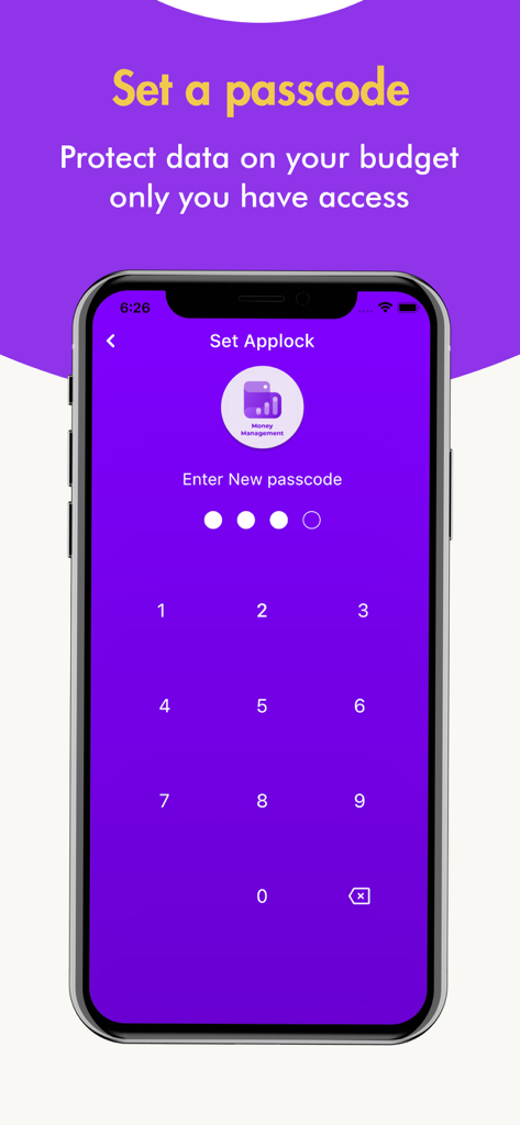 Money Manager: expense, budget - A smartphone displaying the app lock screen to set a private passcode for budgeting data.