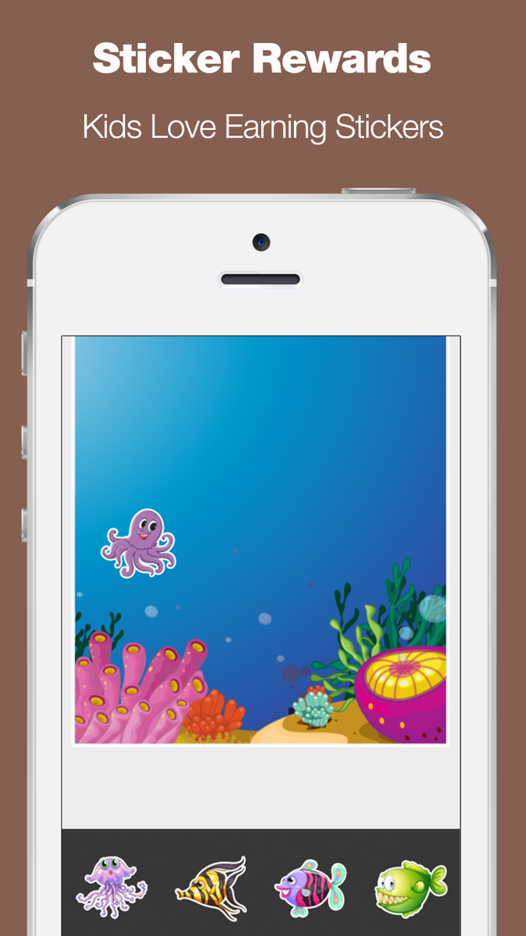 An underwater themed sticker reward screen in the Peekaboo Sounds toddler app featuring cartoon sea creatures like an octopus and fish.