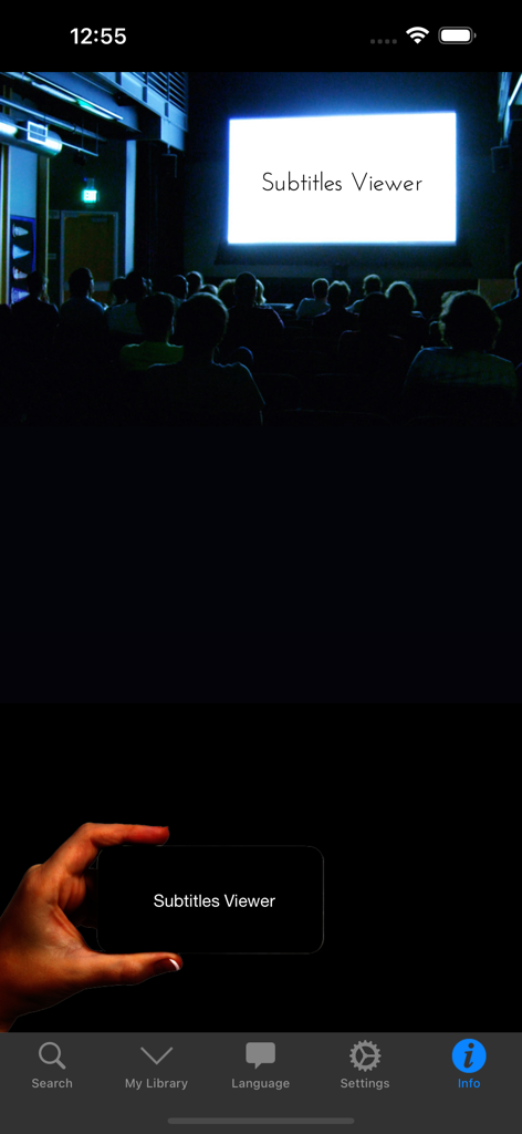 Subtitles Viewer! - A hand holding a smartphone with the Subtitles Viewer app in a movie theater during a film