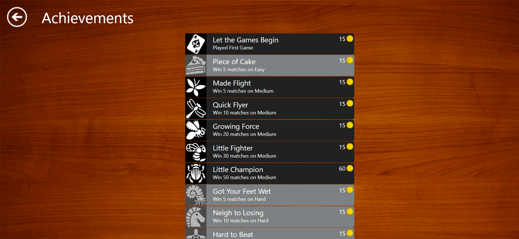 A list of game achievements and milestones in the Cribbage JD mobile app