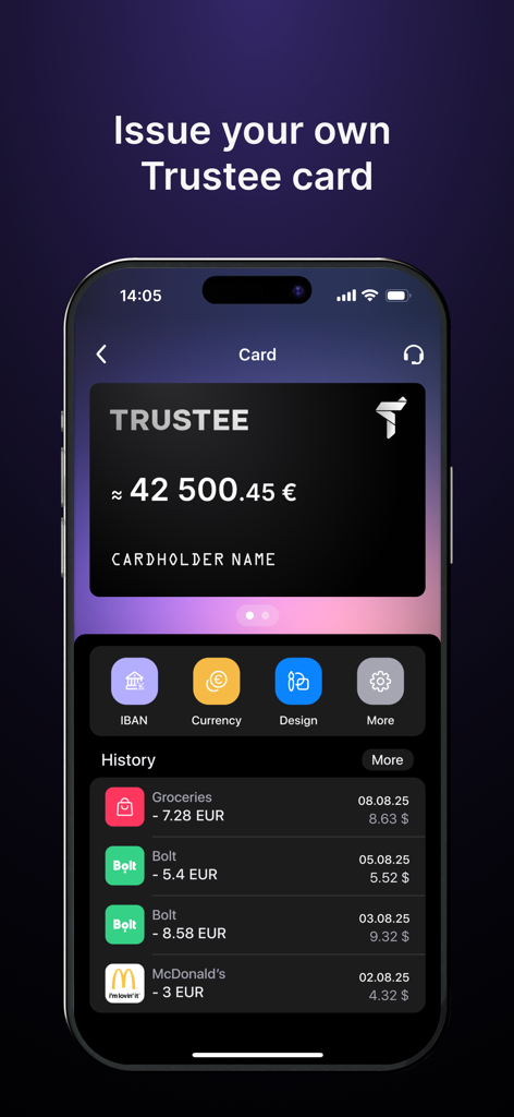 Trustee Plus | Wallet & Card - Smartphone screen displaying the Trustee Plus app interface with a virtual payment card and transaction history