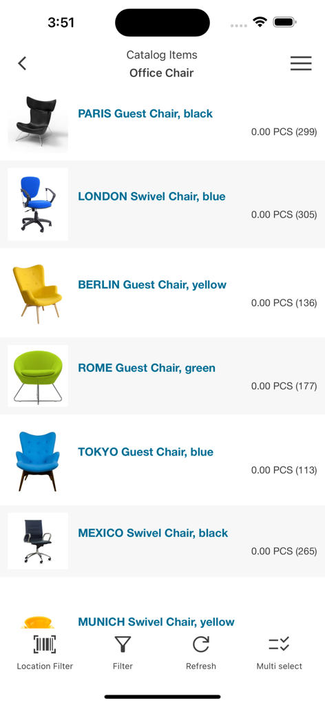 App MobileNAV che visualizza un elenco di sedie da ufficio con quantità di inventario