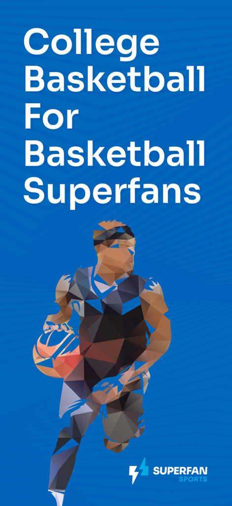 Superfan Sports College Hoops app promotional screen featuring a stylized basketball player graphic and superfan branding