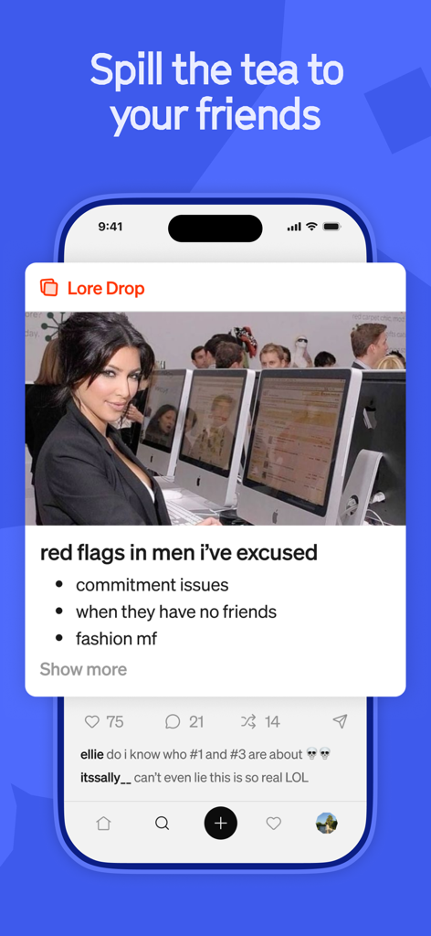A mobile app interface showing a list titled red flags in men i've excused with social engagement and comments.