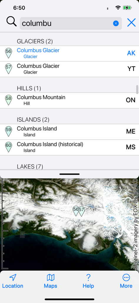 Topo Maps 2 - Search results for Columbus Glacier and geographic features with a satellite map view in the Topo Maps 2 app