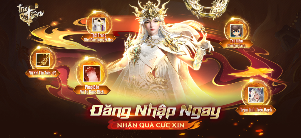 Tru Tiên 3D - Thanh Vân Chí - Une bannière promotionnelle pour Tru Tien 3D présentant un personnage fantastique central entouré d'icônes de récompenses de connexion, y compris des armes et de la mode.