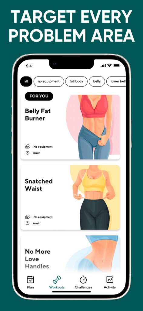 Pantalla de la aplicación que muestra rutinas de entrenamiento específicas para la pérdida de grasa del vientre y tonificación de la cintura