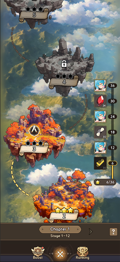 Summoners War: Rush - Summoners War Rush map interface showing floating islands and chapter progress rewards