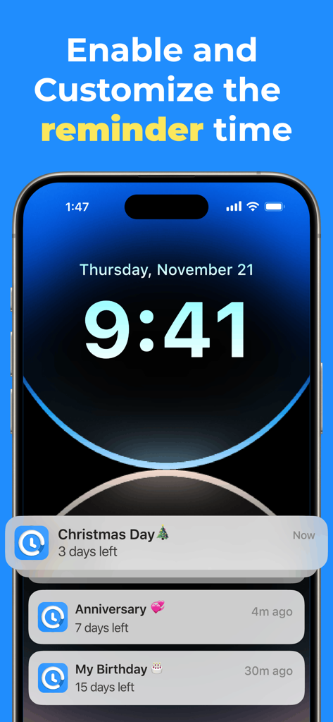 Countdown - Countdown Widget - An iPhone lock screen showing several countdown notification alerts for Christmas, an anniversary, and a birthday.