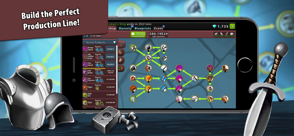 A mobile phone displaying a complex production line and crafting tree within the Crafting Idle Clicker game interface.