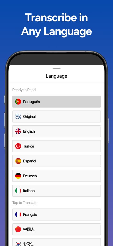 Smartphone display showing a list of languages for transcription in the AI Note Taker app