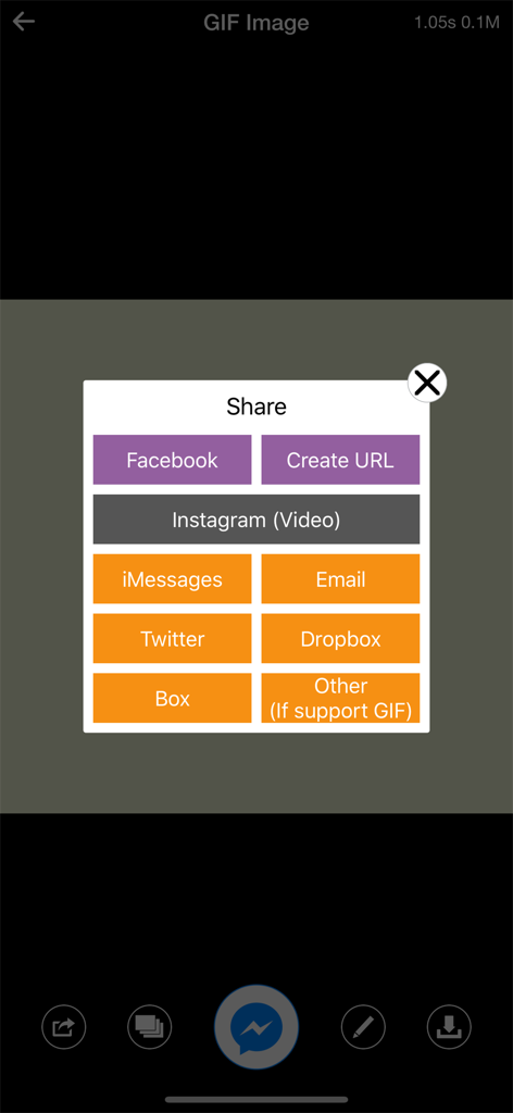 Instagram 및 iMessage와 같은 소셜 미디어 및 메시징 플랫폼 옵션을 보여주는 동영상을 GIF로 앱의 공유 메뉴