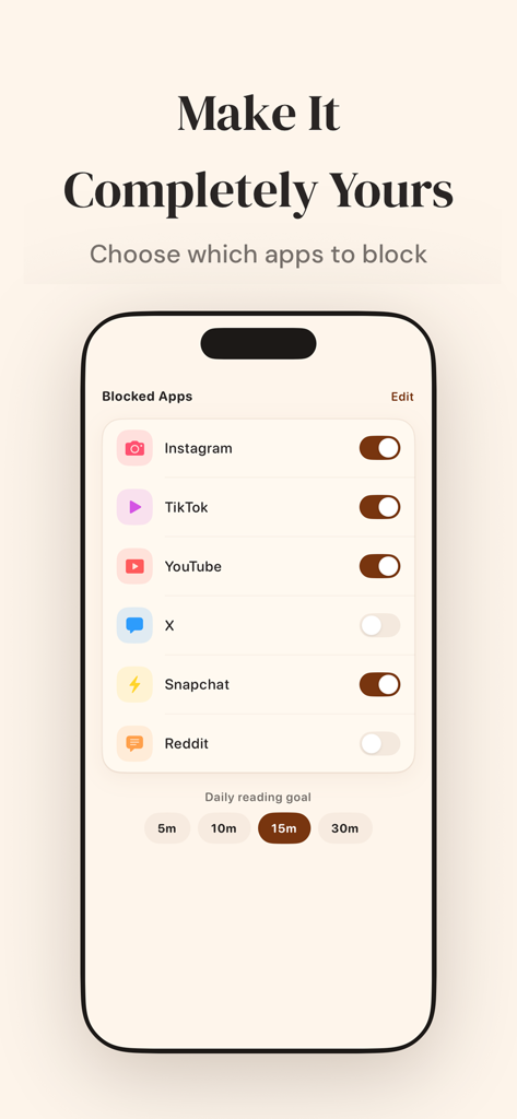 BibleScroll: Screen Time Faith - Interface of the BibleScroll app showing a list of social media apps to block and a daily Bible reading goal selector.