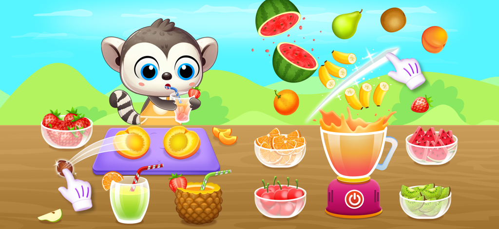Kids Cooking Game 2+ year olds - A lemur character making a fresh fruit smoothie in a kids cooking educational app