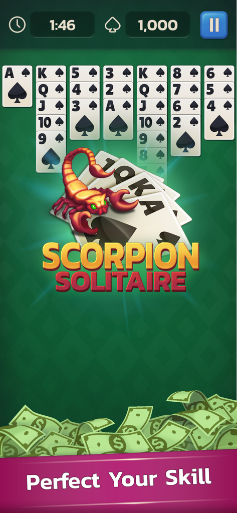 Scorpion Solitaire Skillz Game - Interfaz del juego móvil Scorpion Solitaire Skillz con recompensas en efectivo