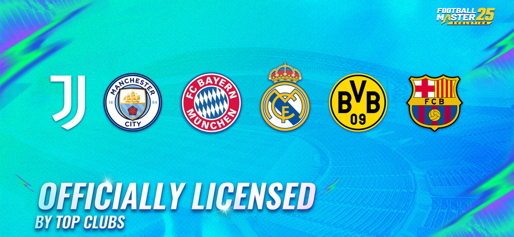 Football Master 2-Soccer Star - Banner del juego Football Master 25 mostrando licencias oficiales de clubes de fútbol europeos de primer nivel como el Manchester City y el Real Madrid