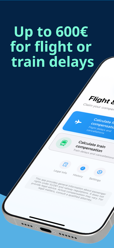 Flight & Train Claim - Flight and Train Claim app home screen for calculating travel delay compensation