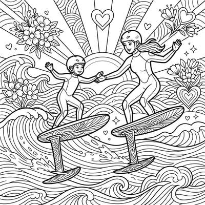 Dive into a unique Mother's Day celebration with this heartwarming foil surfing coloring page. Watch a mother and child gracefully ride the waves, surrounded by symbols of love and joy.