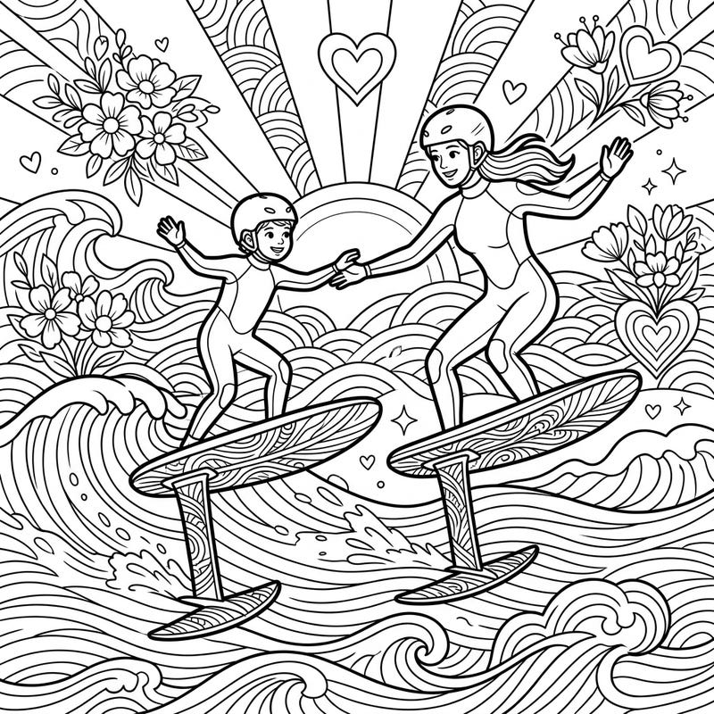 Dive into a unique Mother's Day celebration with this heartwarming foil surfing coloring page. Watch a mother and child gracefully ride the waves, surrounded by symbols of love and joy.