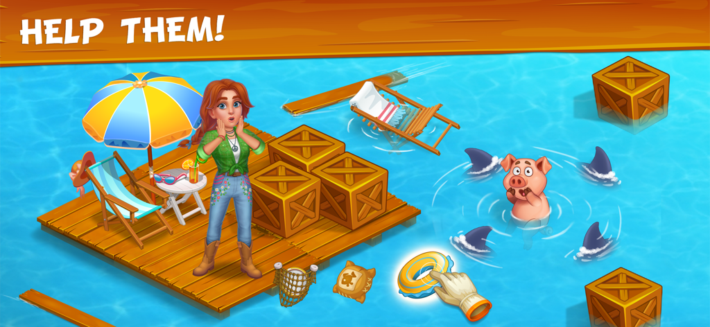 Farm Town - Family Farming Day - A rescue mission in Farm Town featuring a girl on a raft and a pig surrounded by sharks.