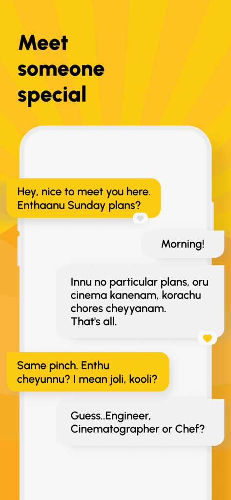 A chat interface on the Arike dating app featuring a conversation between two people using a mix of Malayalam and English.