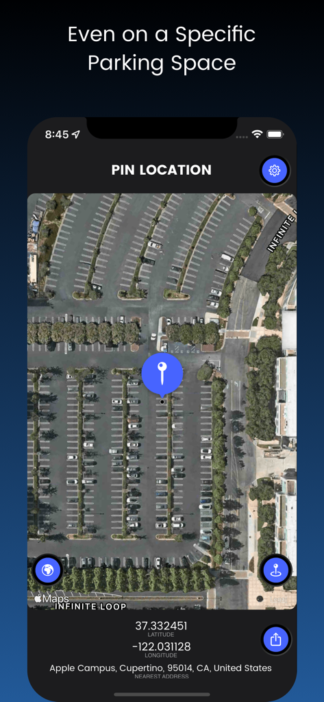 Vista satelital que muestra un marcador preciso en un espacio de estacionamiento con coordenadas de latitud y longitud.