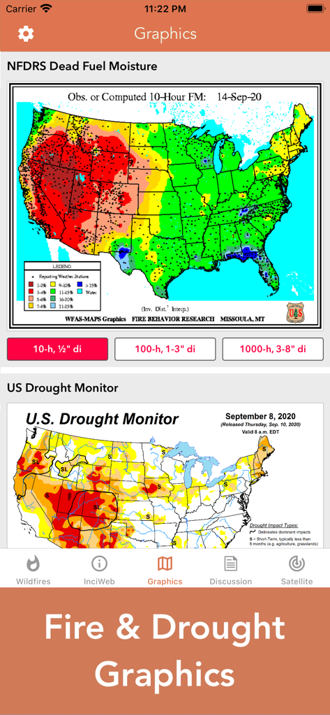 Wildfire 앱의 NFDRS 건조 연료 수분 및 가뭄 모니터링을 위한 미국 지도