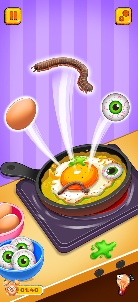 ASMR Master - Mukbang Eating - Gameplay screenshot showing an egg, eyeballs, and a centipede being cooked in a frying pan.