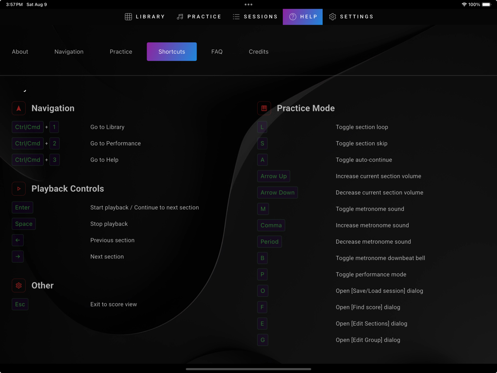 GPhil - A comprehensive list of keyboard shortcuts for navigation playback controls and practice mode within the GPhil app help section
