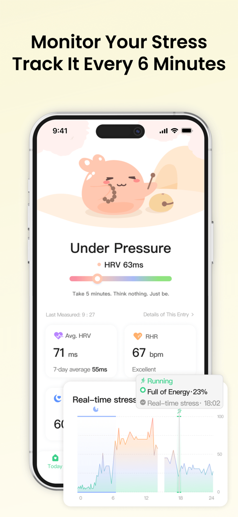 PulseBuddy AI app interface displaying real-time stress monitoring and heart rate variability metrics.
