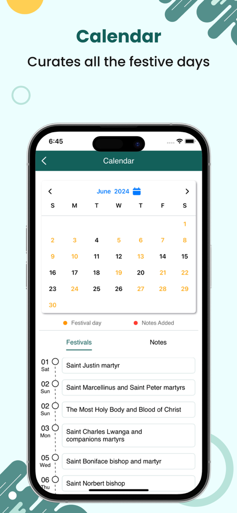 A religious calendar interface in the app displaying festive days and saint commemorations for study