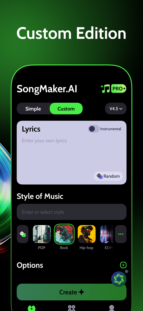 The custom song creation interface of the SongMaker AI app with lyrics and style options.