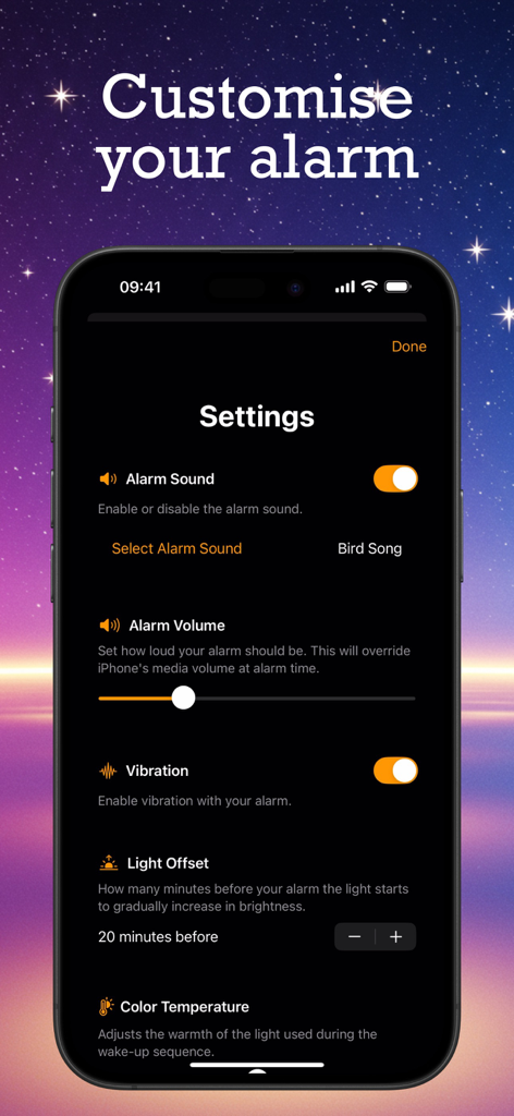 Glow Alarm settings screen showing options for alarm sound, volume, vibration, and light offset customization.