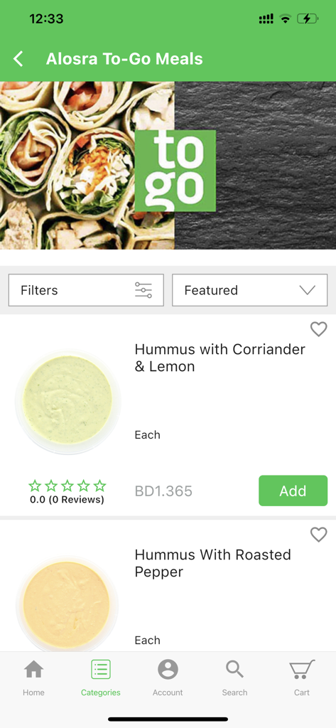Alosra - Mobile app screen for Alosra showing ready to eat meals and hummus varieties
