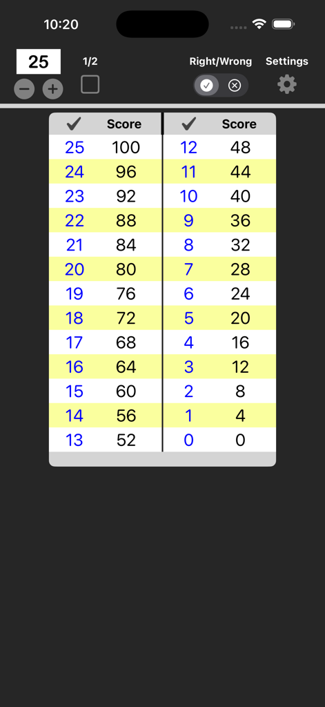 Easy Grade - EZ Grader - Oberfläche der Easy Grade App, die eine Bewertungstabelle für fünfundzwanzig Fragen mit Optionen zur Berechnung von richtig und falsch anzeigt