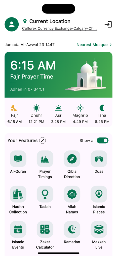 Tawhid: Prayer, Quran, Ramadan - The home screen of the Tawhid app showing daily prayer times and various Islamic feature icons.