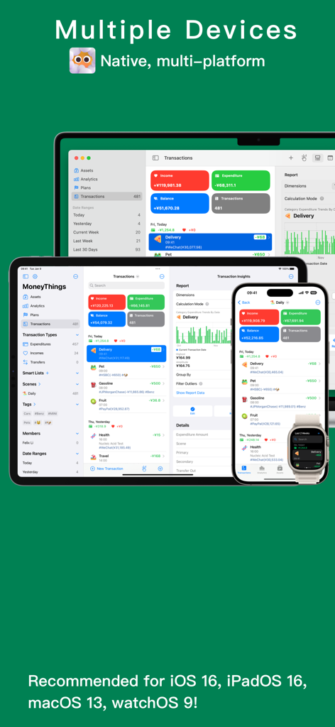 MoneyThings - Finance Tracker - MoneyThings finance tracker interface shown on iPhone iPad Mac and Apple Watch
