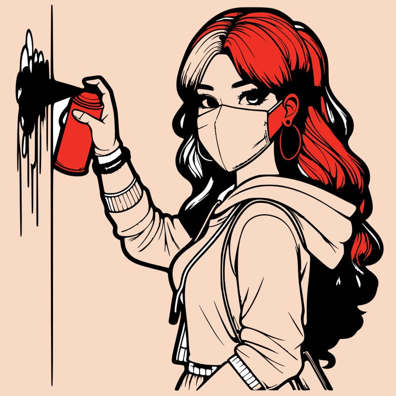 realistic girl with mask spray painting a wall