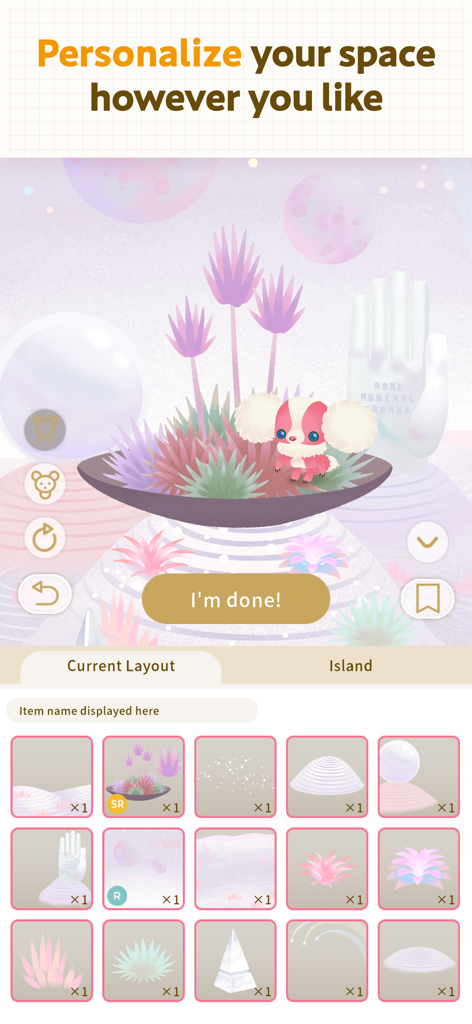 Livly Island - Adopt Cute Pets - Interface showing island customization with a cute pink pet and decorative items in Livly Island.