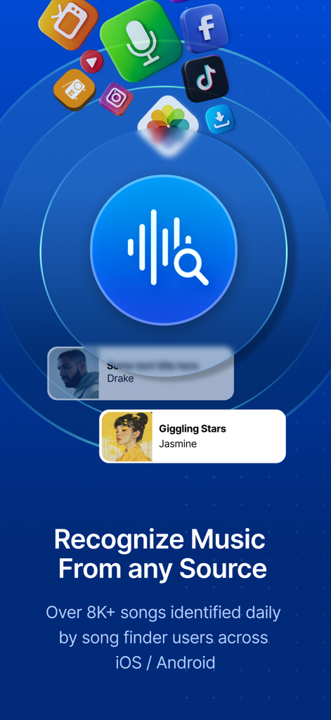 Interface de l'application Song Finder montrant l'identification de musique à partir d'applications de médias sociaux et de fichiers vidéo.