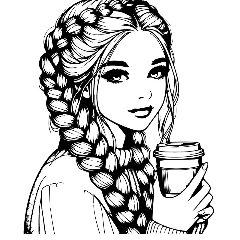 realistic girl with dutch braids and coffee