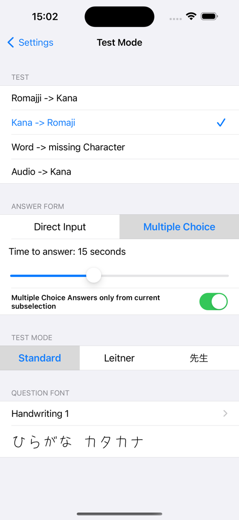 Tela de configurações do Modo de Teste para o aplicativo Kana LS Touch mostrando diferentes opções de teste e resposta.