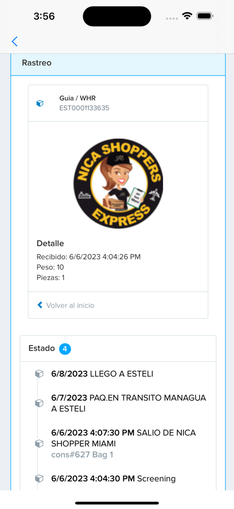 Mobile app screen displaying the tracking history and status of a shipment from Miami to Esteli Nicaragua