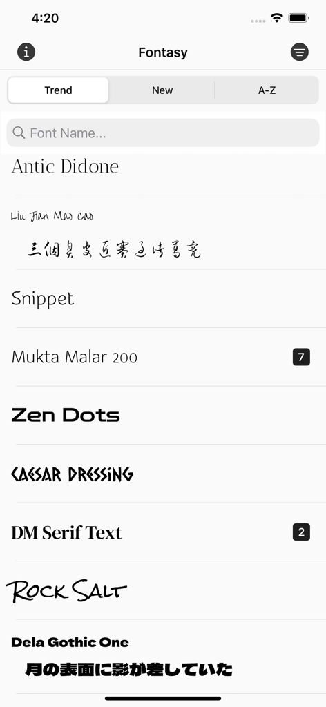 Fontasy - Font Browser - Interface of the Fontasy app displaying a searchable list of trending Google fonts with visual previews